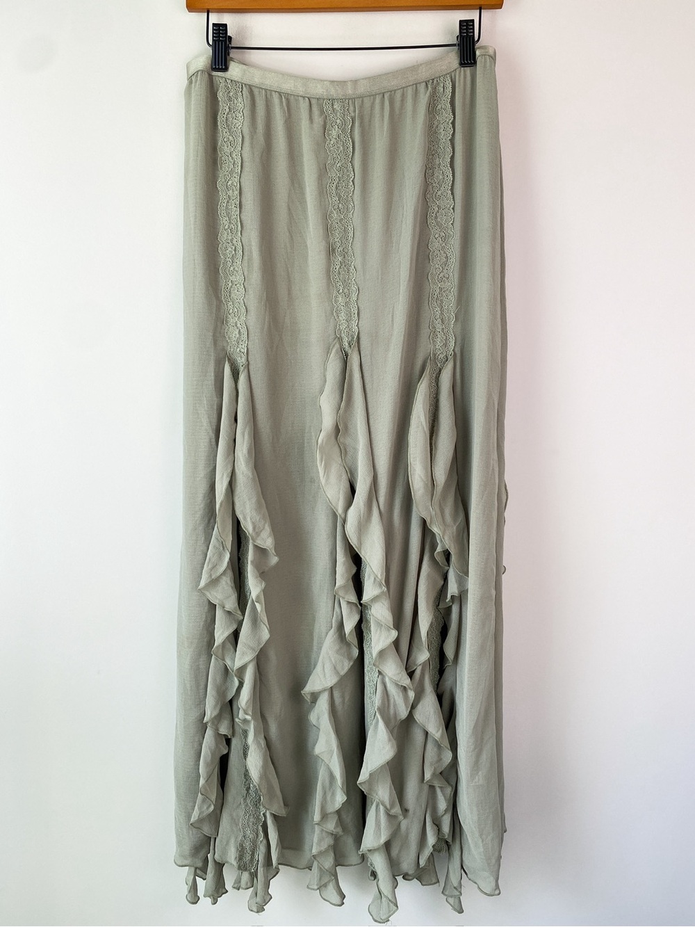 Free People Womens Icing On Top Half Maxi Skirt M Olive Green Sheer Ruffle Fairy